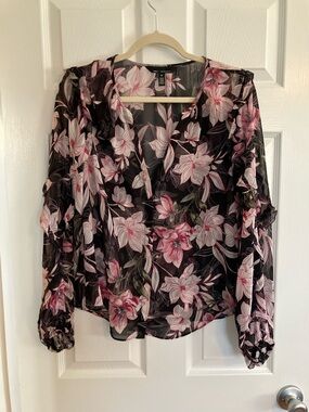 Women's Black Sheer Floral V-Neck Blouse with Pink Accents